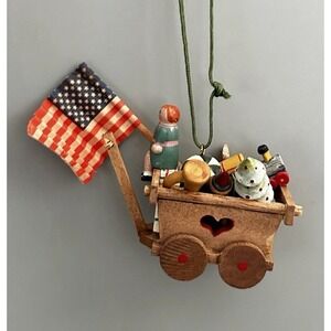 Kathe Wohlfathrt Germany Wooden Americana Flag Christmas Toys Wagon Ornament